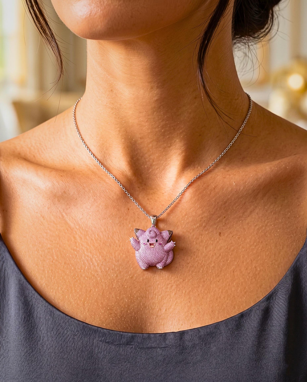 Rare Iced Out Clefairy Pokémon Pendant | 925 Sterling Silver Anime Jewelry | Gold Plated Custom Charm | Hip Hop Gamer Gift For her/him