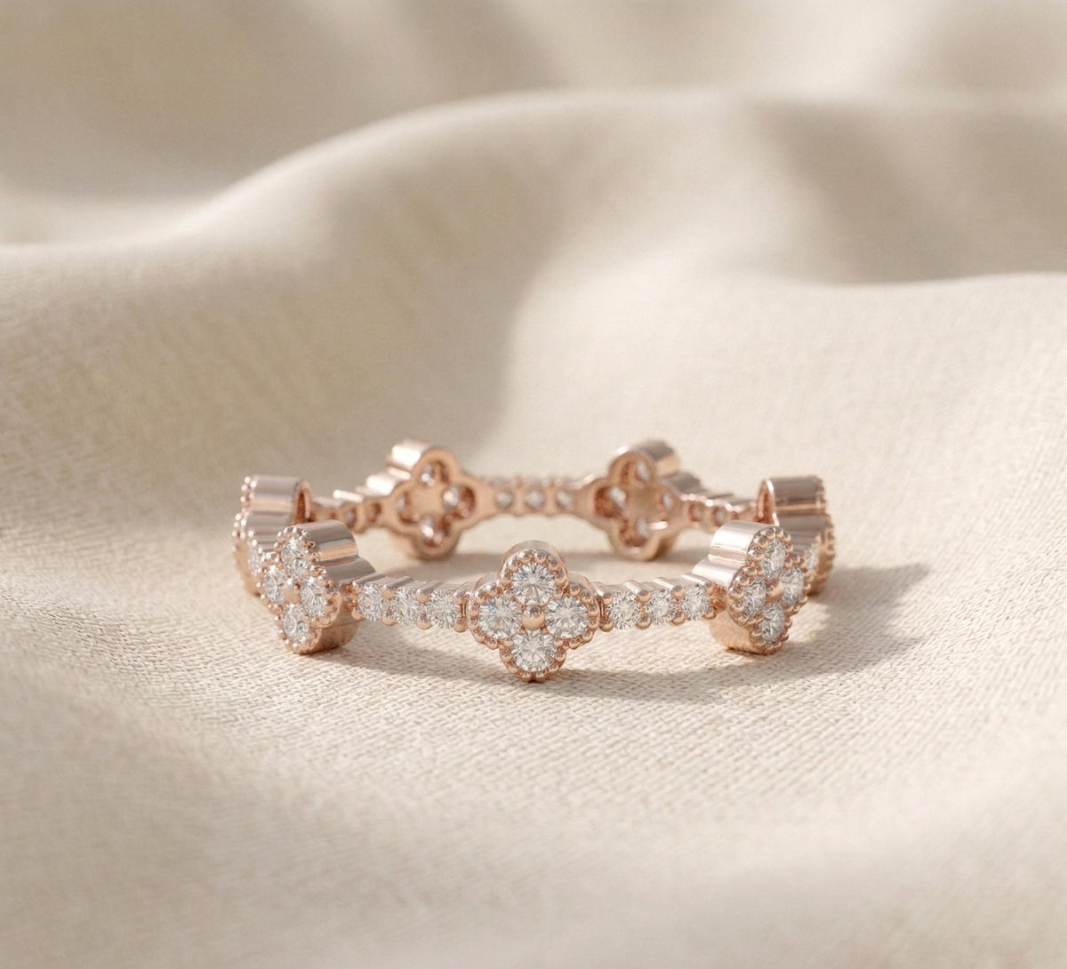 925 Sterling Silver Four Leaf Clover Diamond Ring, Gold Vermeil Floral Cluster Ring, Dainty Diamond Clover Band, Gift For Her,