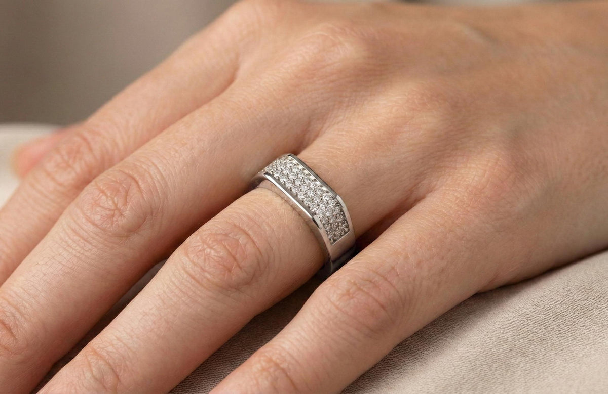 Gold Wedding Band 925 Sterling Silver, Diamond Pave Ring, Men's Wedding Ring, Minimalist Anniversary Band, Statement Ring Gift for Him Her