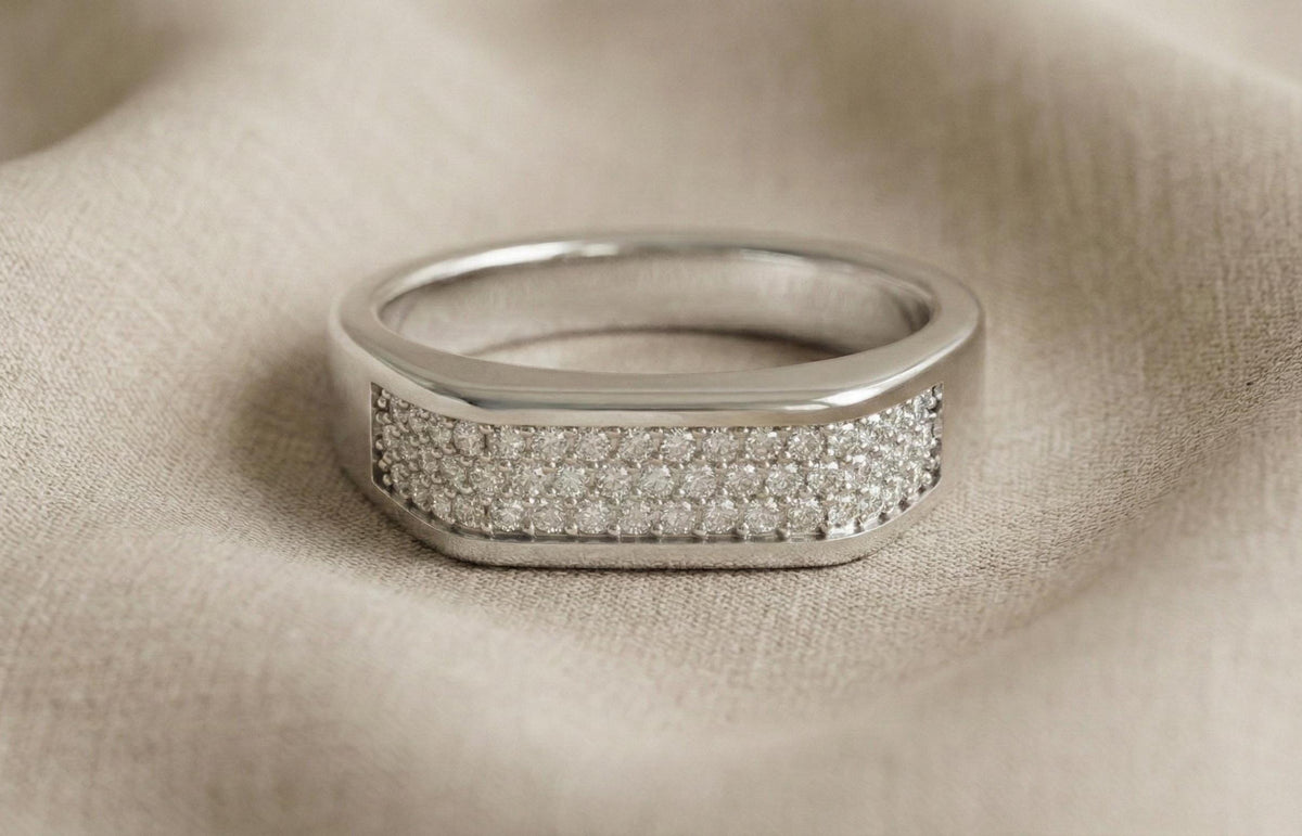 Gold Wedding Band 925 Sterling Silver, Diamond Pave Ring, Men's Wedding Ring, Minimalist Anniversary Band, Statement Ring Gift for Him Her