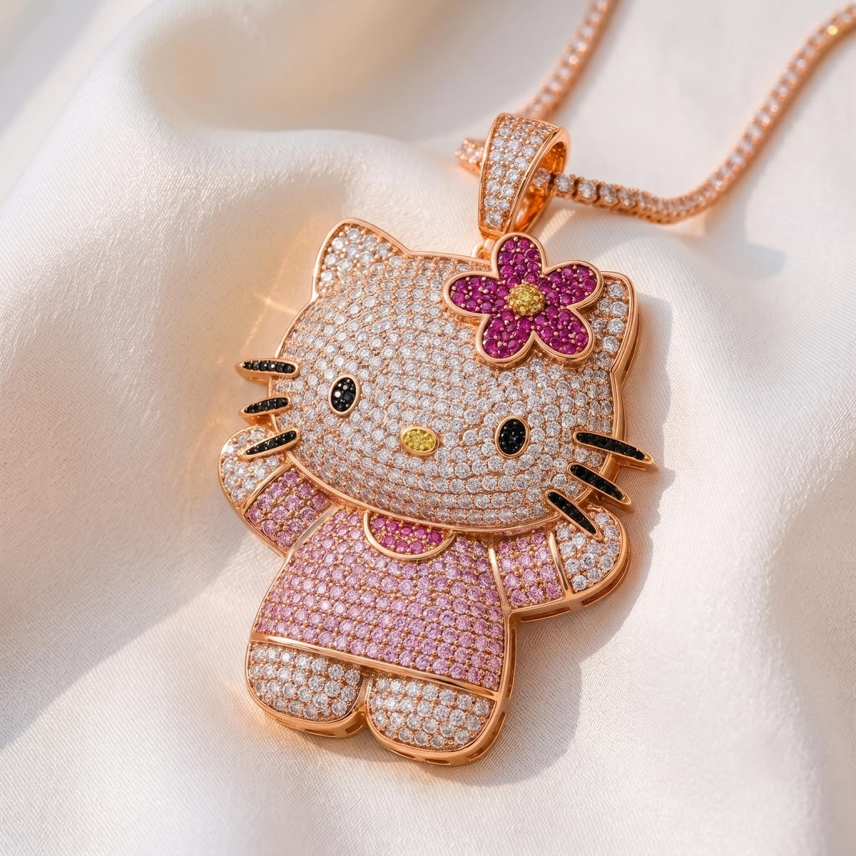Rare 925 Sterling Silver Iced Out Kitty Pendant | Micro Pave White Zircon Kawaii Character Charm | Cute Animal Necklace Gift for her.