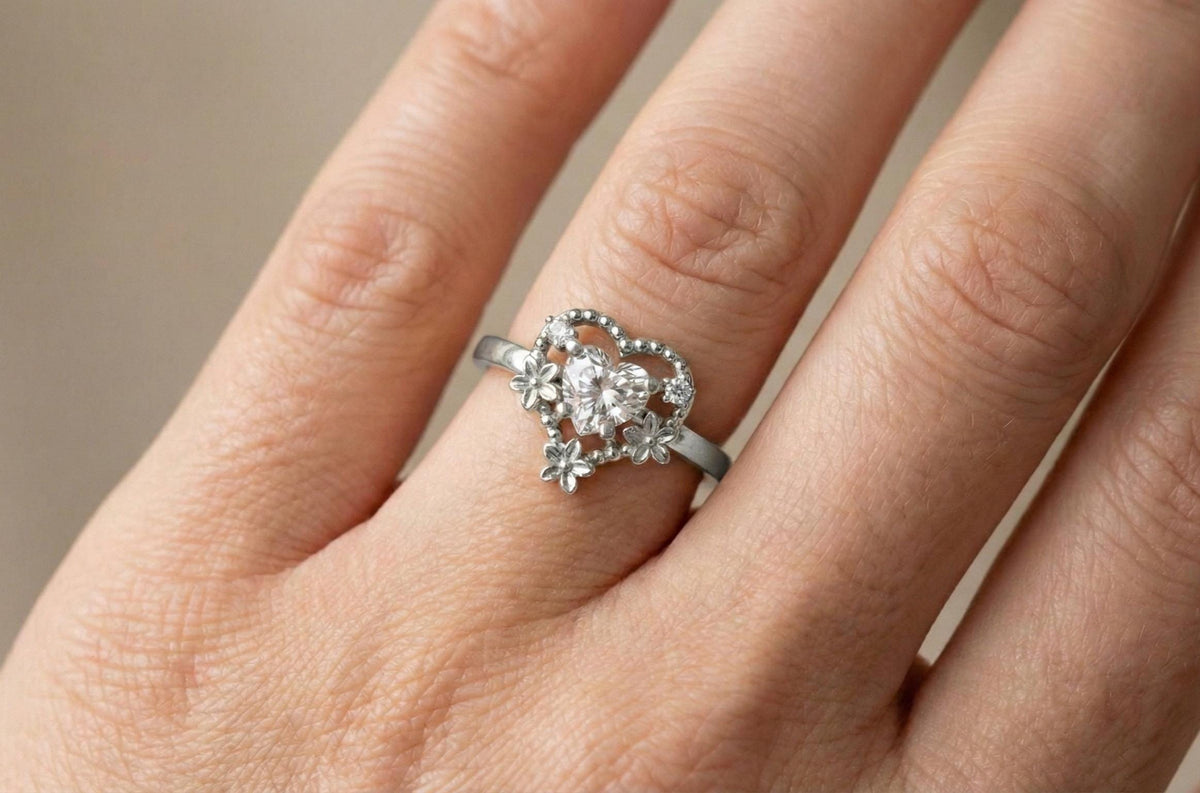 Floral Heart Engagement Ring, 925 Sterling Silver, Vintage Style