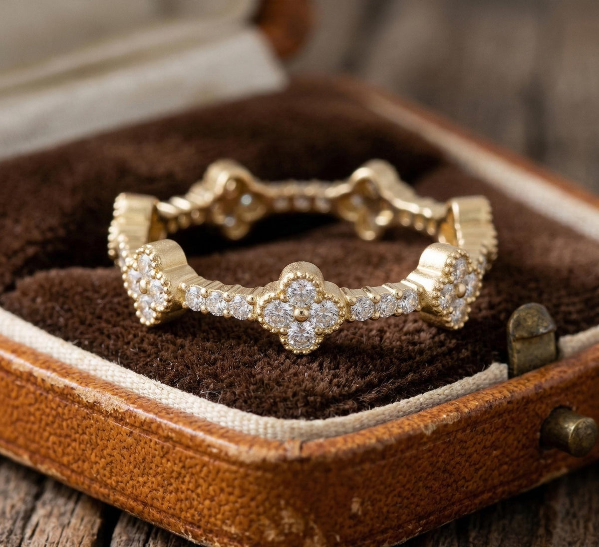 925 Sterling Silver Four Leaf Clover Diamond Ring, Gold Vermeil Floral Cluster Ring, Dainty Diamond Clover Band, Gift For Her,