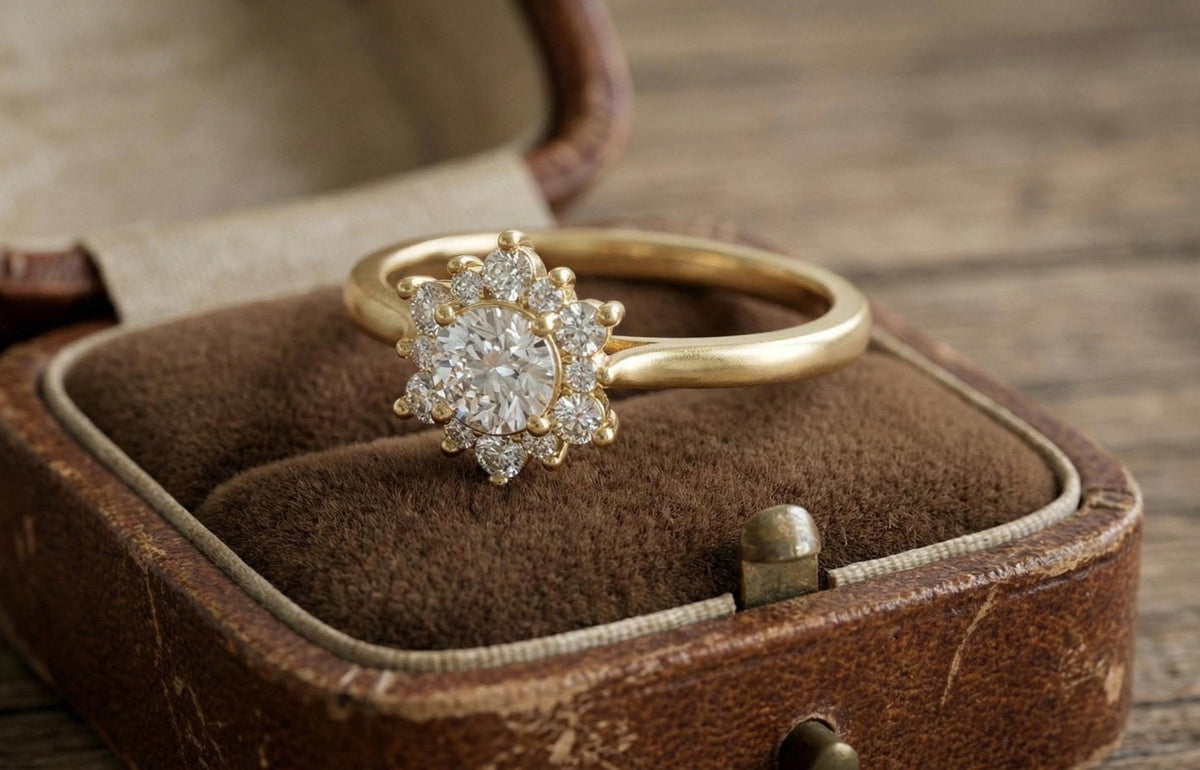 925 Sterling Silver Halo Engagement Ring, Gold Plated Floral Diamond Ring, Round Cut Promise Ring, Dainty Bridal Ring,  Gift for Women
