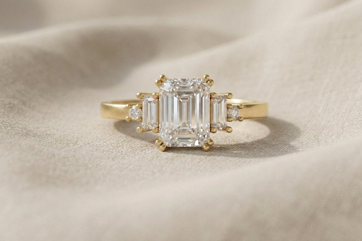 Emerald Cut Moissanite Ring, Sterling Silver Three Stone Engagement Ring