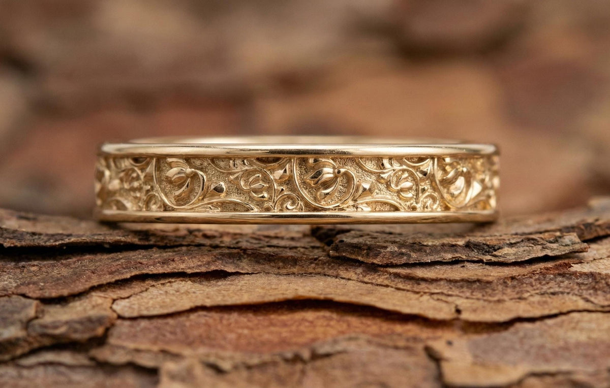 Gold Floral Wedding Band | Vintage Art Nouveau Scroll Ring | Engraved Flower Eternity Ring | Nature Inspired Garden Jewelry | Gift for Her