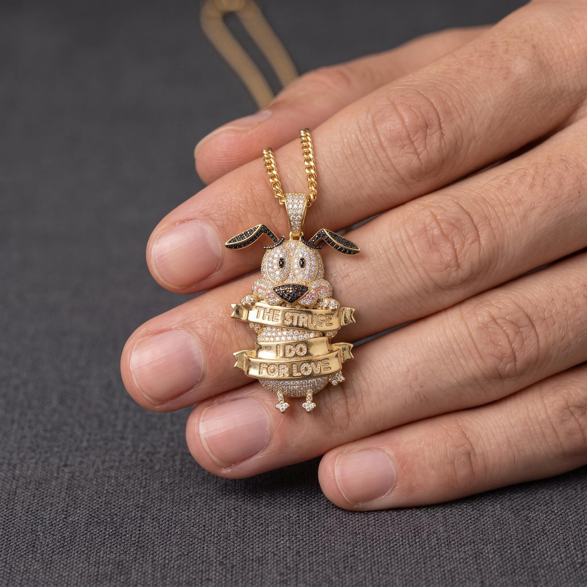 Rare Iced Out Nostalgic Cartoon Dog Pendant | 925 Sterling Silver  "The Things I Do For Love" | Gold Plated Hip Hop Jewelry Gift for her/him