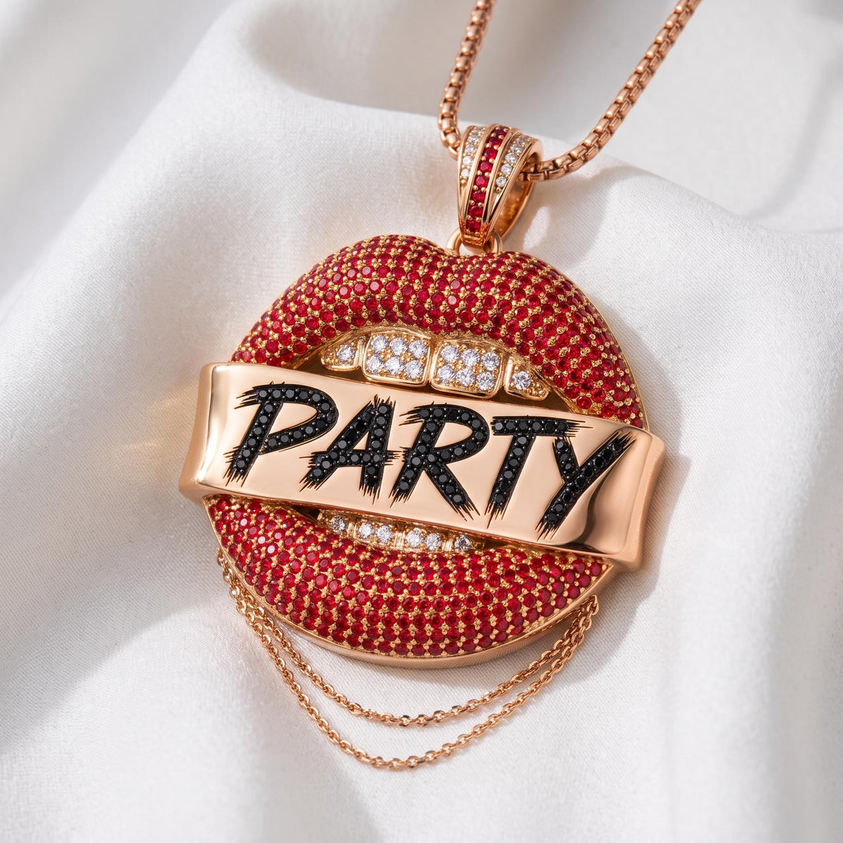 Rare Iced Out Party Lips Pendant | 925 Sterling Silver Hip Hop Jewelry | Crystal Statement Necklace | Custom Pop Art Jewelry Men Women