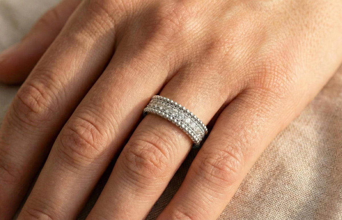 925 Sterling Silver Beaded Eternity Band Ring, Gold Plated Diamond CZ Stackable Ring, Milgrain Wedding Band, Minimalist Promise Ring