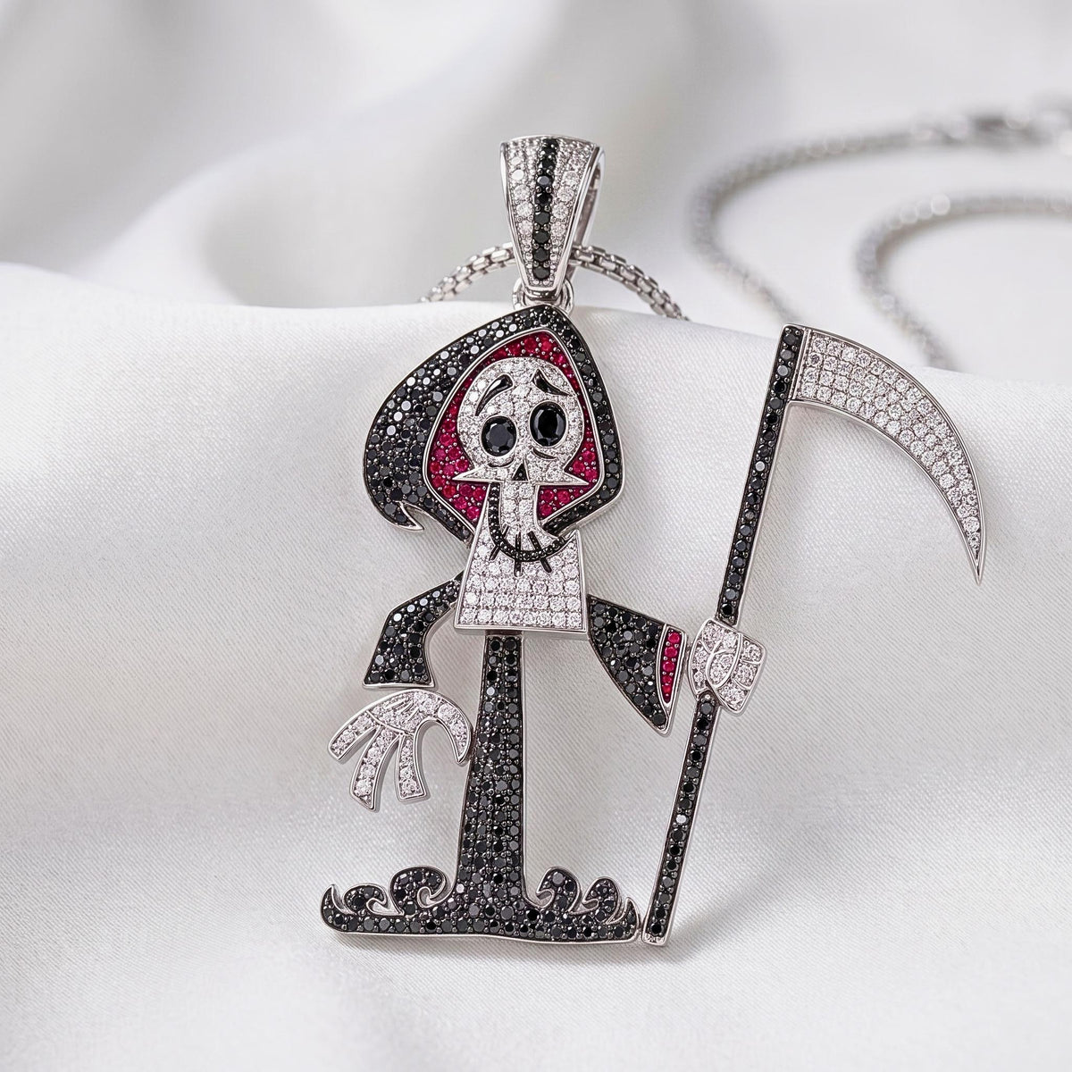 Rare Iced Out Grim Reaper Pendant, 925 Sterling Silver Cartoon Reaper Charm, Men's Hip Hop Jewelry, Gold Plated, Halloween Gift for her/him