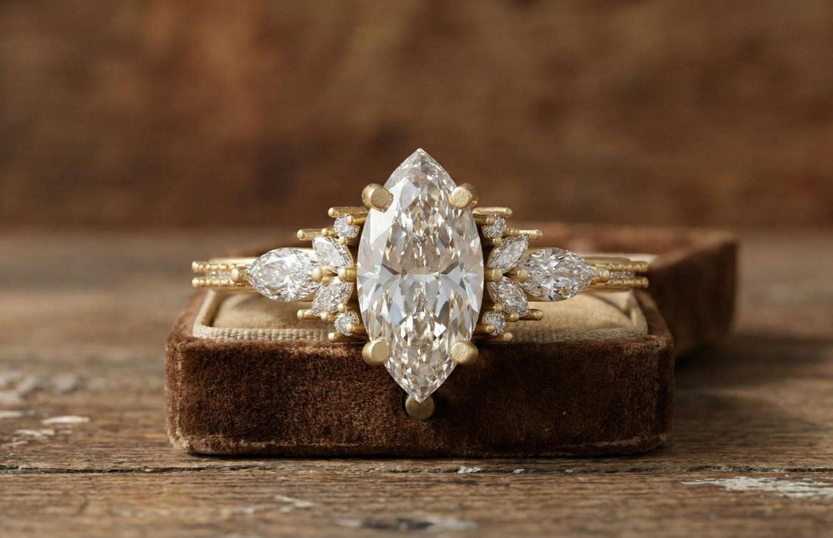 Marquise Moissanite Engagement Ring, Vintage Leaf Design, 925 Sterling Silver