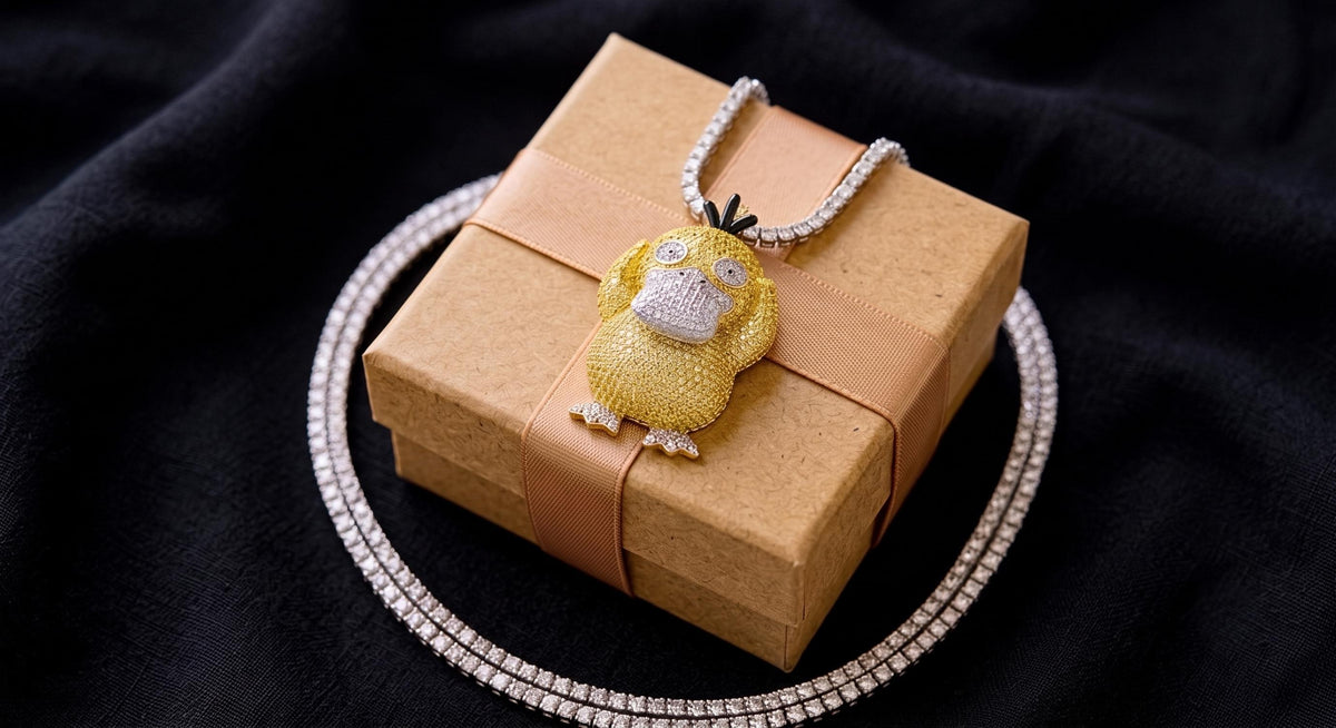 Iced Out Psyduck Pendant | Micro Pave Anime Necklace | 925 Sterling Silver Character Jewelry | Custom Gamer Chain