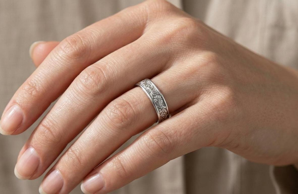 Gold Floral Wedding Band | Vintage Art Nouveau Scroll Ring | Engraved Flower Eternity Ring | Nature Inspired Garden Jewelry | Gift for Her