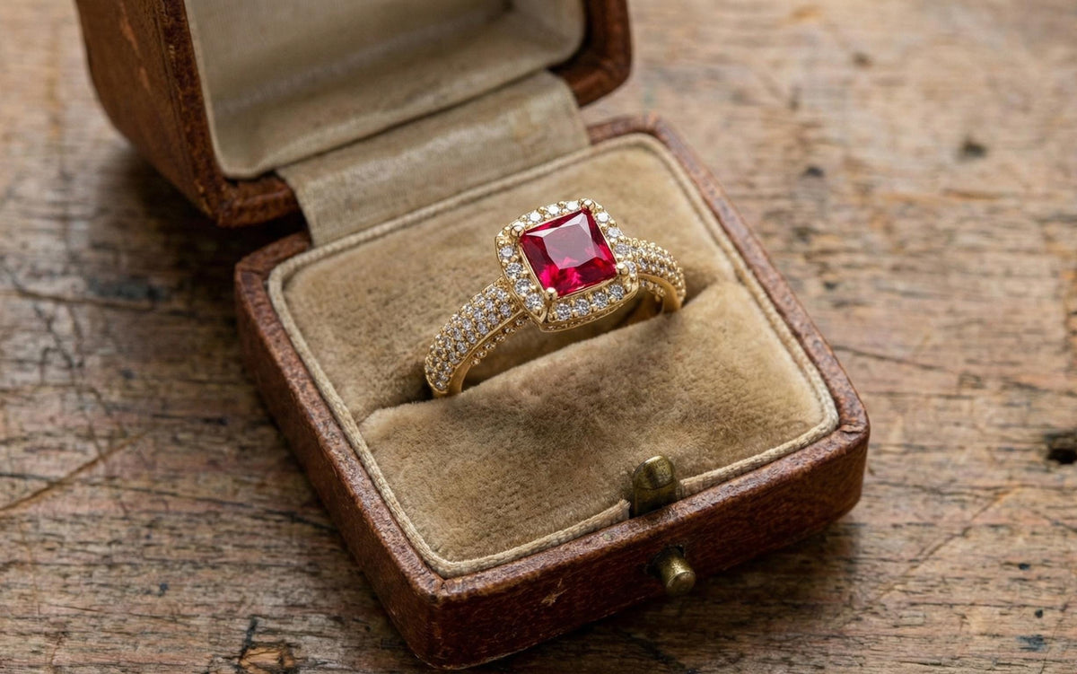 925 Sterling Silver Red Ruby Engagement Ring, Princess Cut Halo Diamond Ring, Gold Plated Statement Ring for Women, Gift for Her