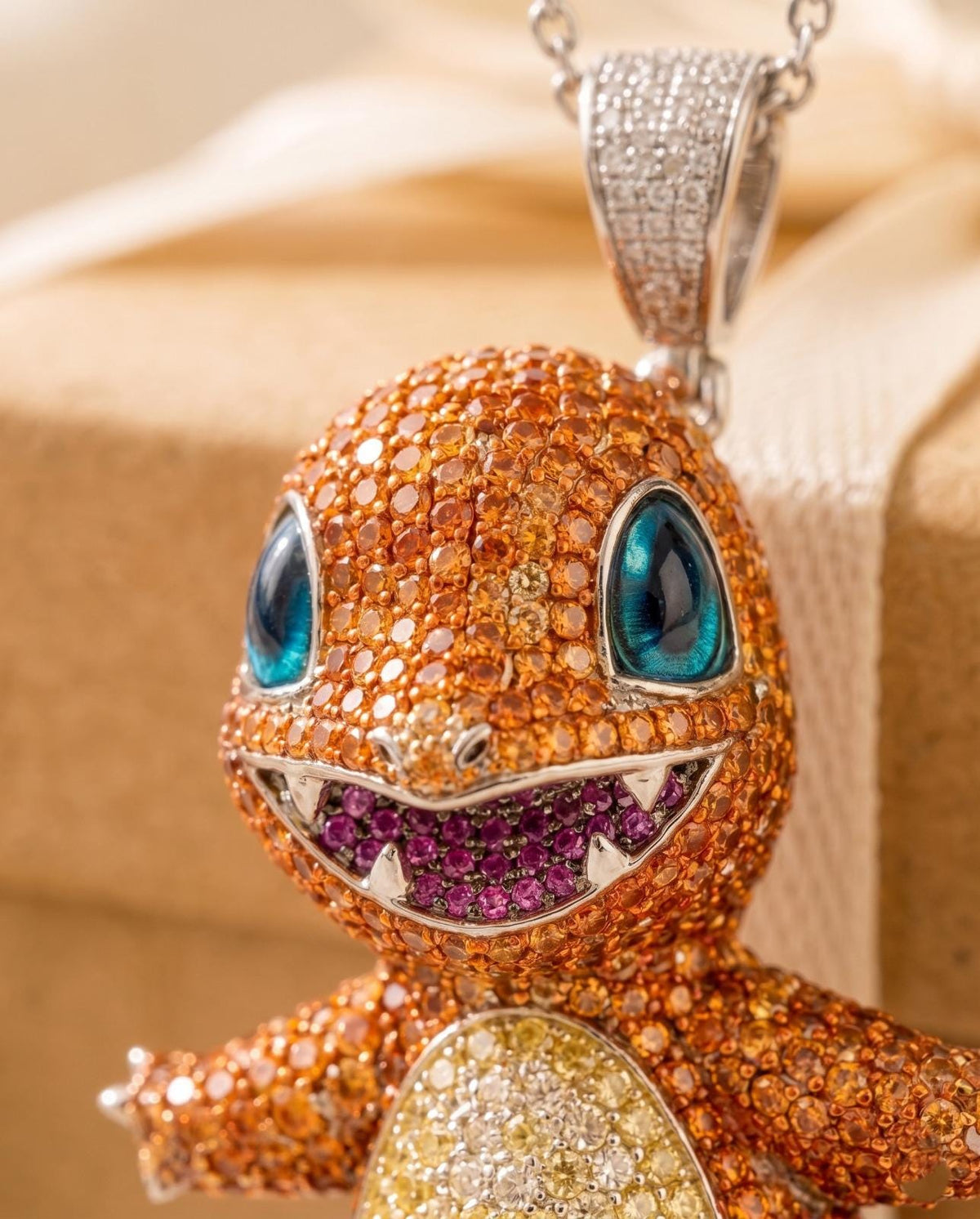 Rare Iced Out Charmander Pokémon Pendant, 925 Sterling Silver Anime Necklace Gamer Gift For her/him