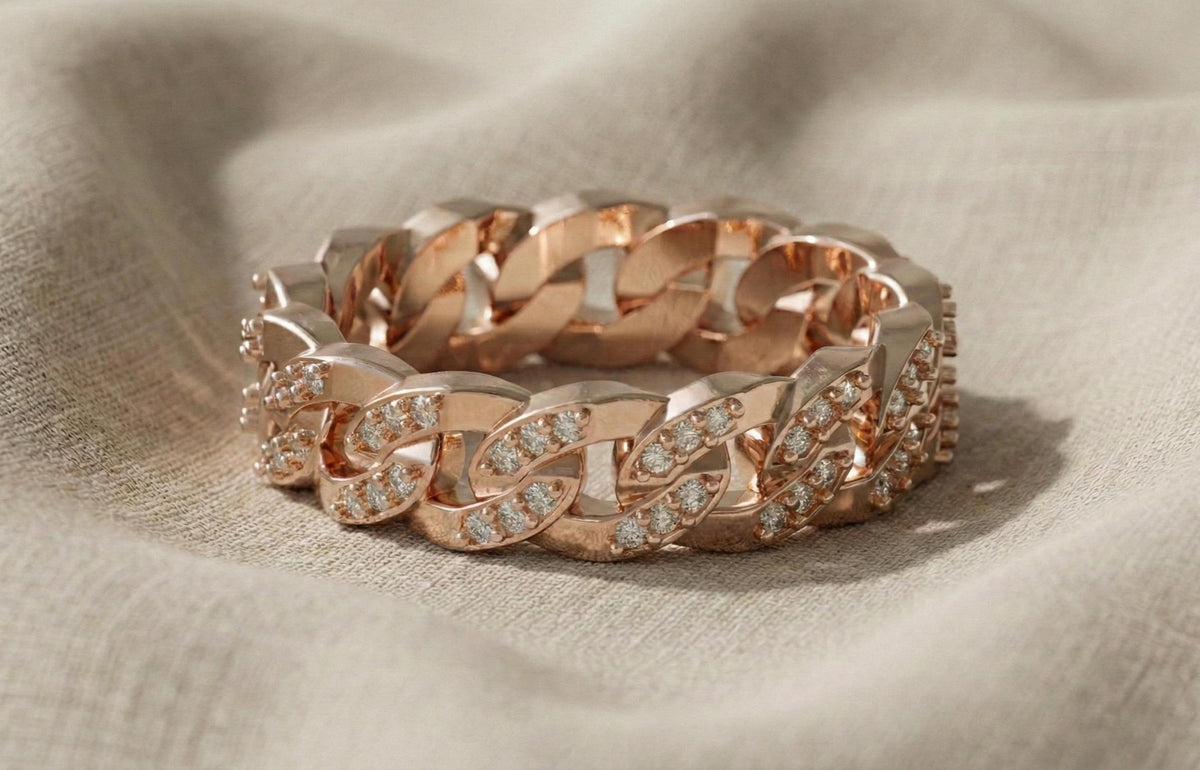 Gold Cuban Link Ring, Pave CZ Sterling Silver Chain Band