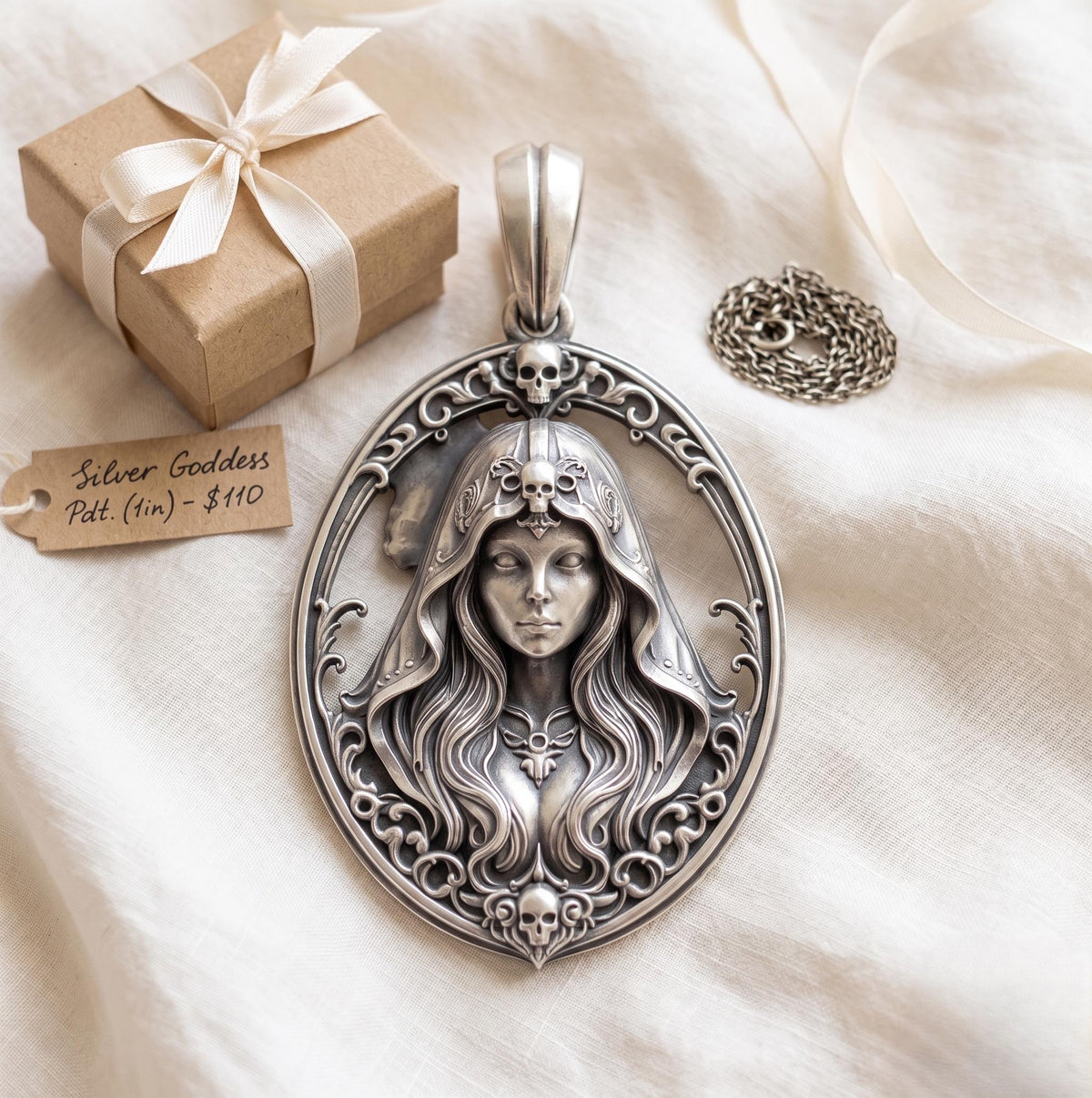 Gothic Goddess Skull Pendant, 925 Sterling Silver Witch Necklace, Victorian Goth Halloween Jewelry, Rose Gold Dark Academia Gift for Her