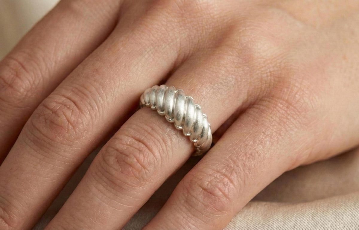 Silver Twisted Dome Ring, Bold Ribbed Statement Band, Minimalist Jewelry