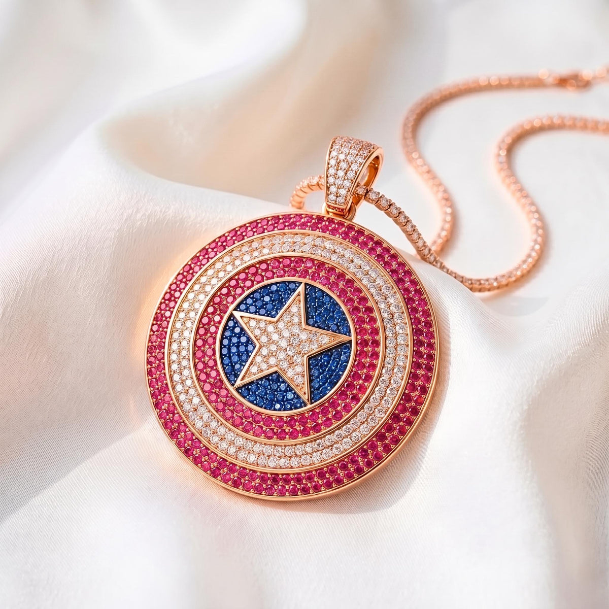 Iced Out Captain America Shield Pendant | Sterling Silver Pink CZ Avengers Necklace