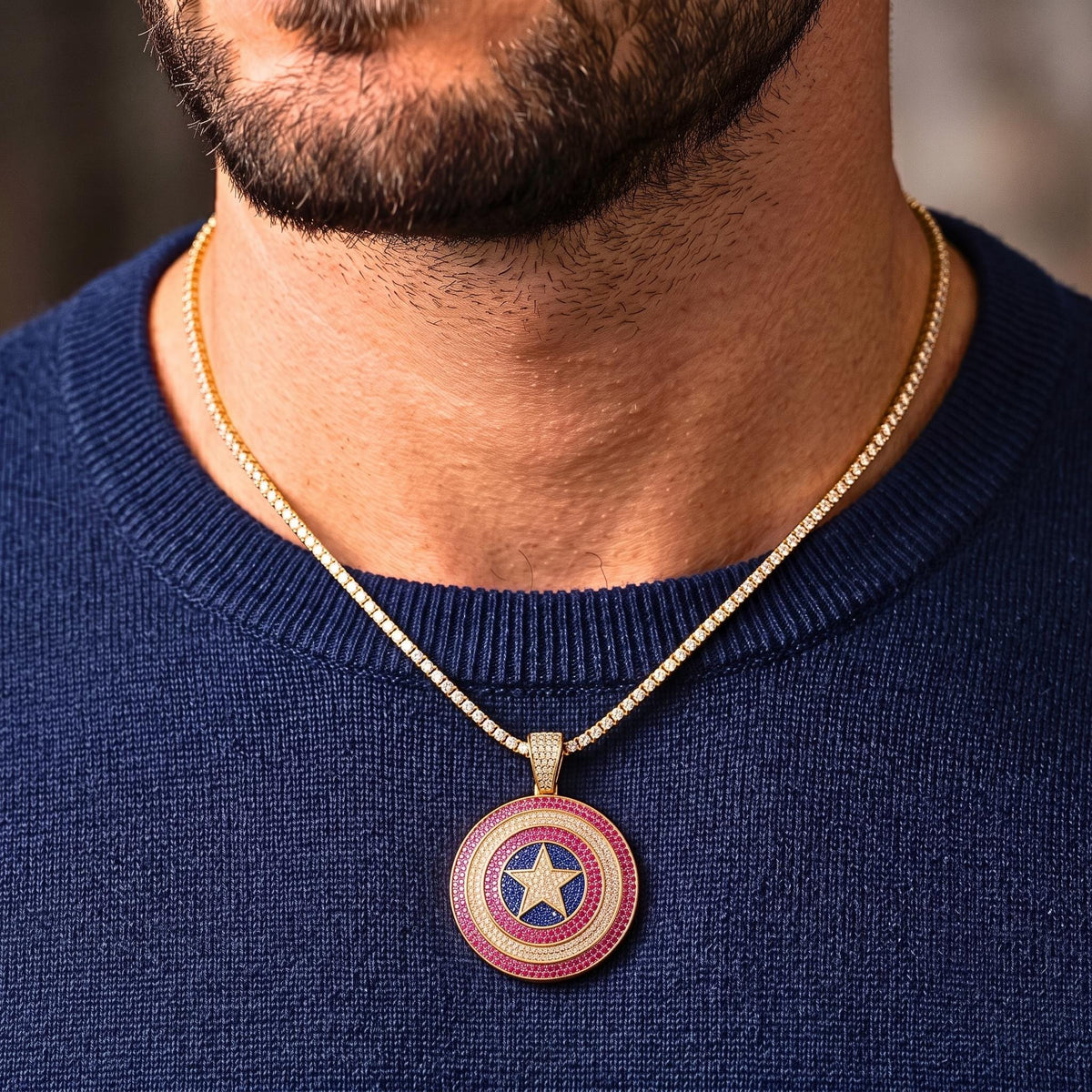 Iced Out Captain America Shield Pendant | Sterling Silver Pink CZ Avengers Necklace