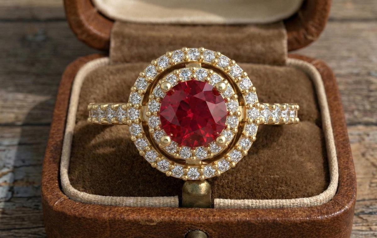 Ruby Halo Engagement Ring for Women, 925 Sterling Silver Gold Plated Ring, Diamond Accent Bridal Ring, July Birthstone Gift,