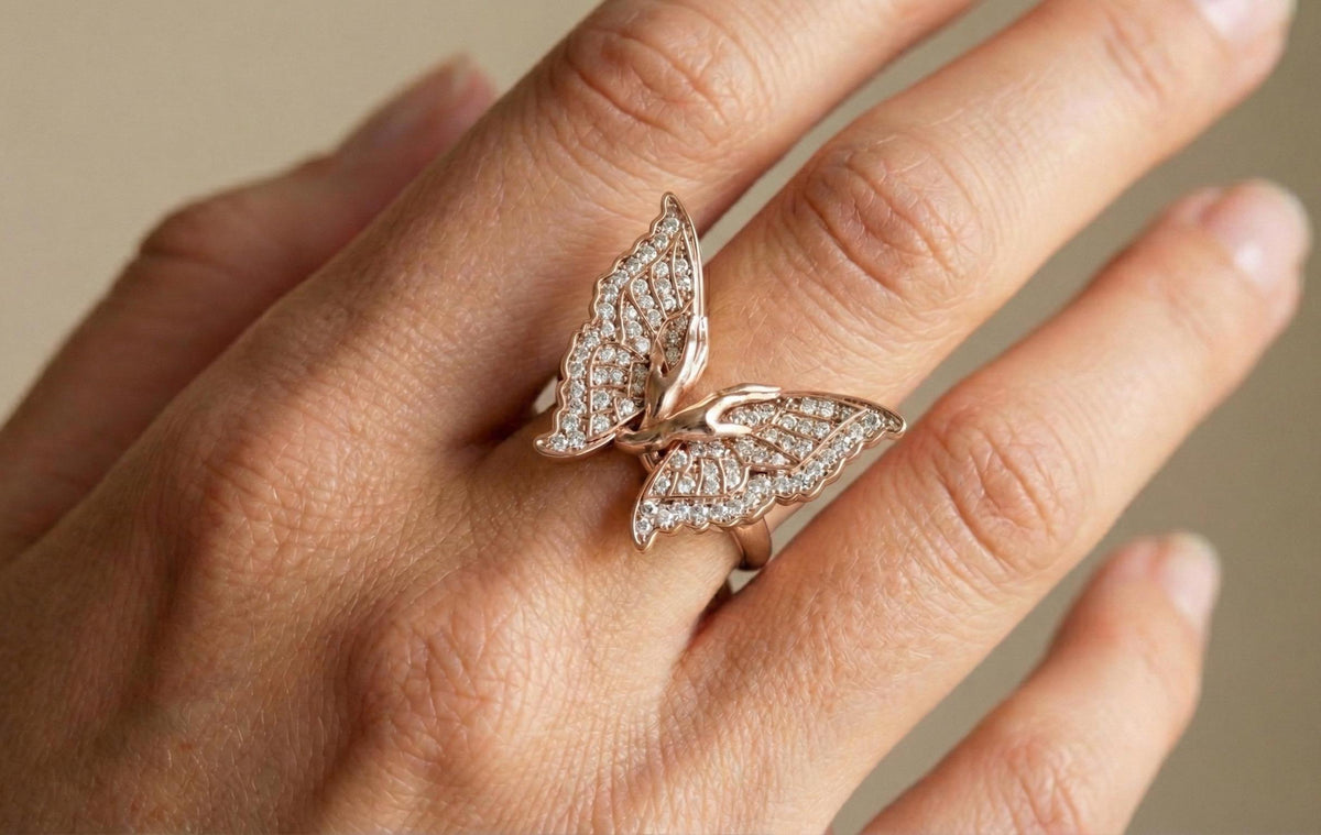 925 Sterling Silver RING Butterfly Ring Gold Butterfly Statement Ring, Diamond CZ Butterfly Wing Ring Luxury Butterfly Jewelry, Gift For Her