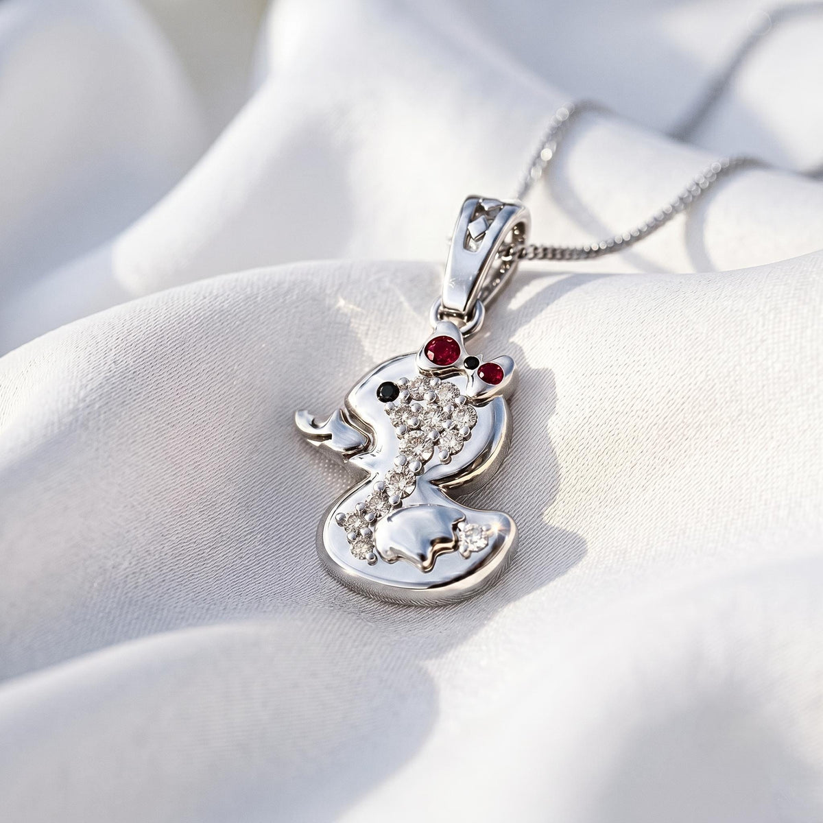 925 Sterling Silver Duckling Pendant with Red Bow, Sparkling Stones | Whimsical Children's Jewelry
