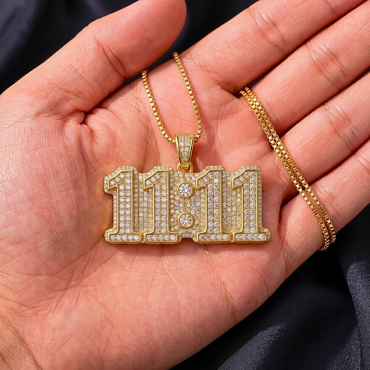 Rare Iced Out 11:11 Angel Number Pendant | 925 Sterling Silver Manifestation | Gold Plated Spiritual Numerology Jewelry Gift for her/him