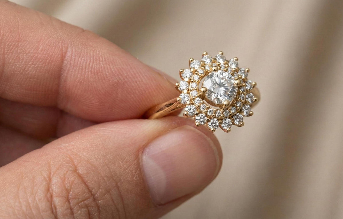 Gold Plated Sterling Silver Halo Engagement Ring, Vintage Bridal Jewelry