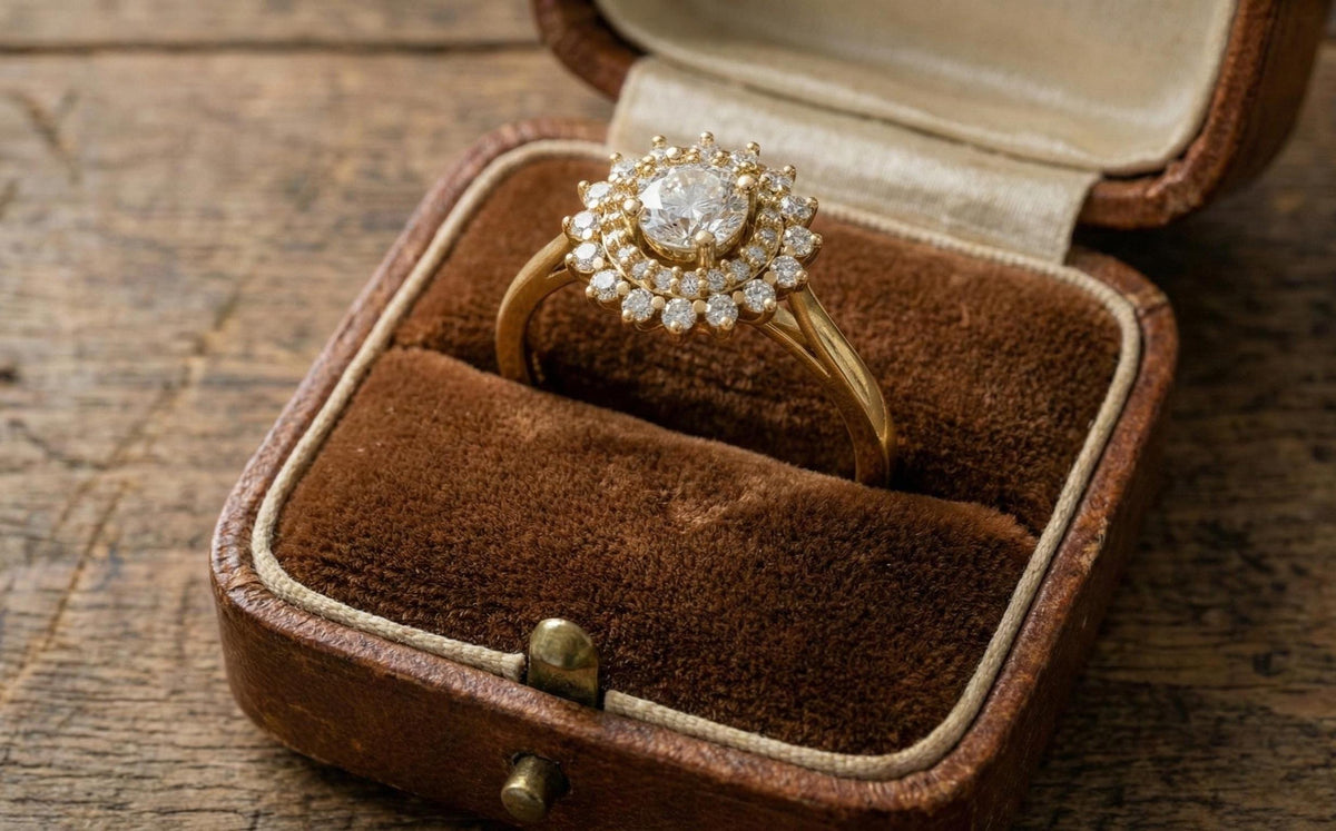 Gold Plated Sterling Silver Halo Engagement Ring, Vintage Bridal Jewelry
