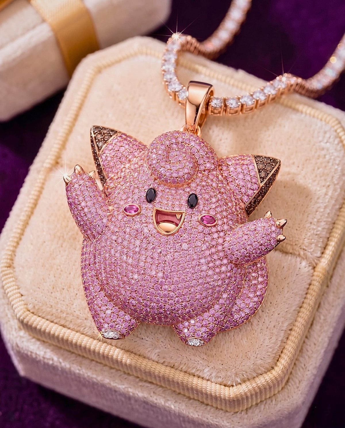 Rare Iced Out Clefairy Pokémon Pendant | 925 Sterling Silver Anime Jewelry | Gold Plated Custom Charm | Hip Hop Gamer Gift For her/him