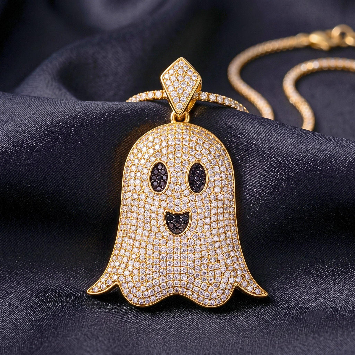 925 Sterling Silver Iced Out Ghost Pendant  | Rare Hip Hop Ghost Charm |  Gold Plated Micro-Pave CZ Jewelry | Halloween Gift for her/him