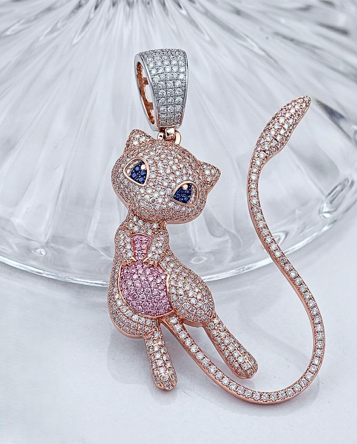 Iced Out Mew Pendant, 925 Sterling Silver Micro Pave Anime Necklace, Pink Blue Gemstones