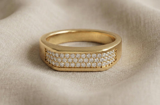 Gold Wedding Band 925 Sterling Silver, Diamond Pave Ring, Men's Wedding Ring, Minimalist Anniversary Band, Statement Ring Gift for Him Her