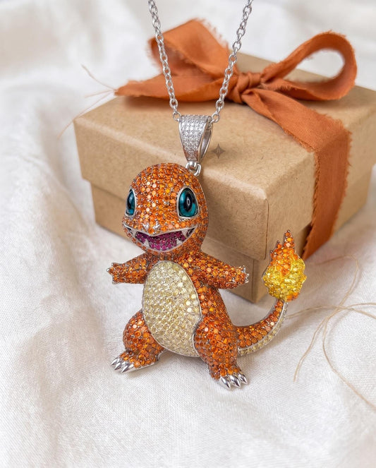 Rare Iced Out Charmander Pokémon Pendant, 925 Sterling Silver Anime Necklace Gamer Gift For her/him