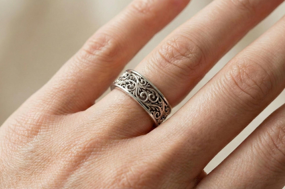 Sterling Silver Filigree Ring, Wide Band Vintage Scroll Ring, Art Nouveau Floral Statement Ring, Chunky Boho Thumb Ring, Unique Wedding Band