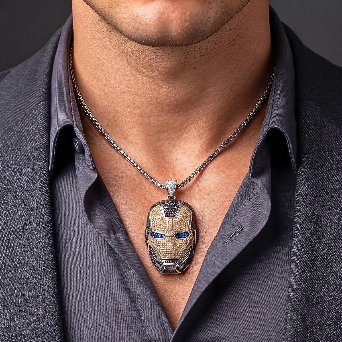 Rare Iced Out Iron Man Mask Pendant | 925 Sterling Silver Avengers Jewelry | Superhero Necklace | Comic Fan Gift for Him/her