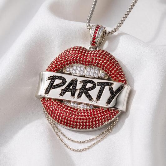 Rare Iced Out Party Lips Pendant | 925 Sterling Silver Hip Hop Jewelry | Crystal Statement Necklace | Custom Pop Art Jewelry Men Women