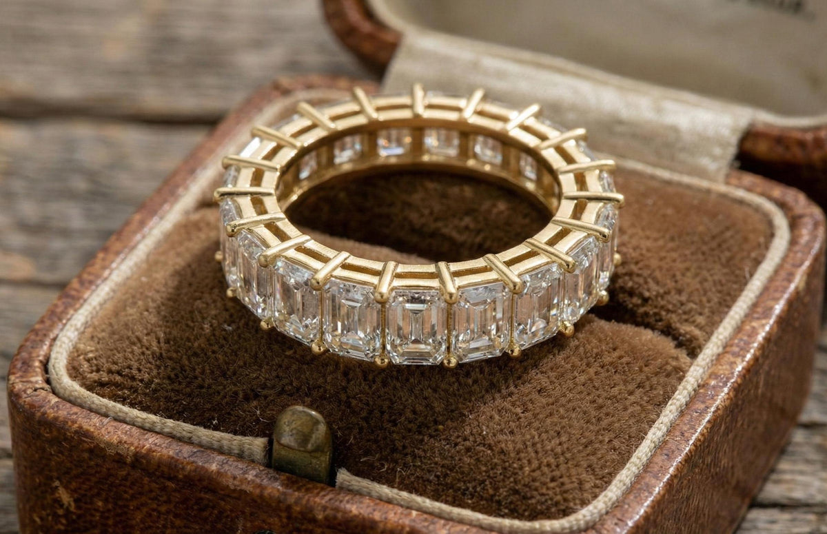 Sterling Silver Emerald Cut Moissanite Eternity Ring, Handmade Wedding Band