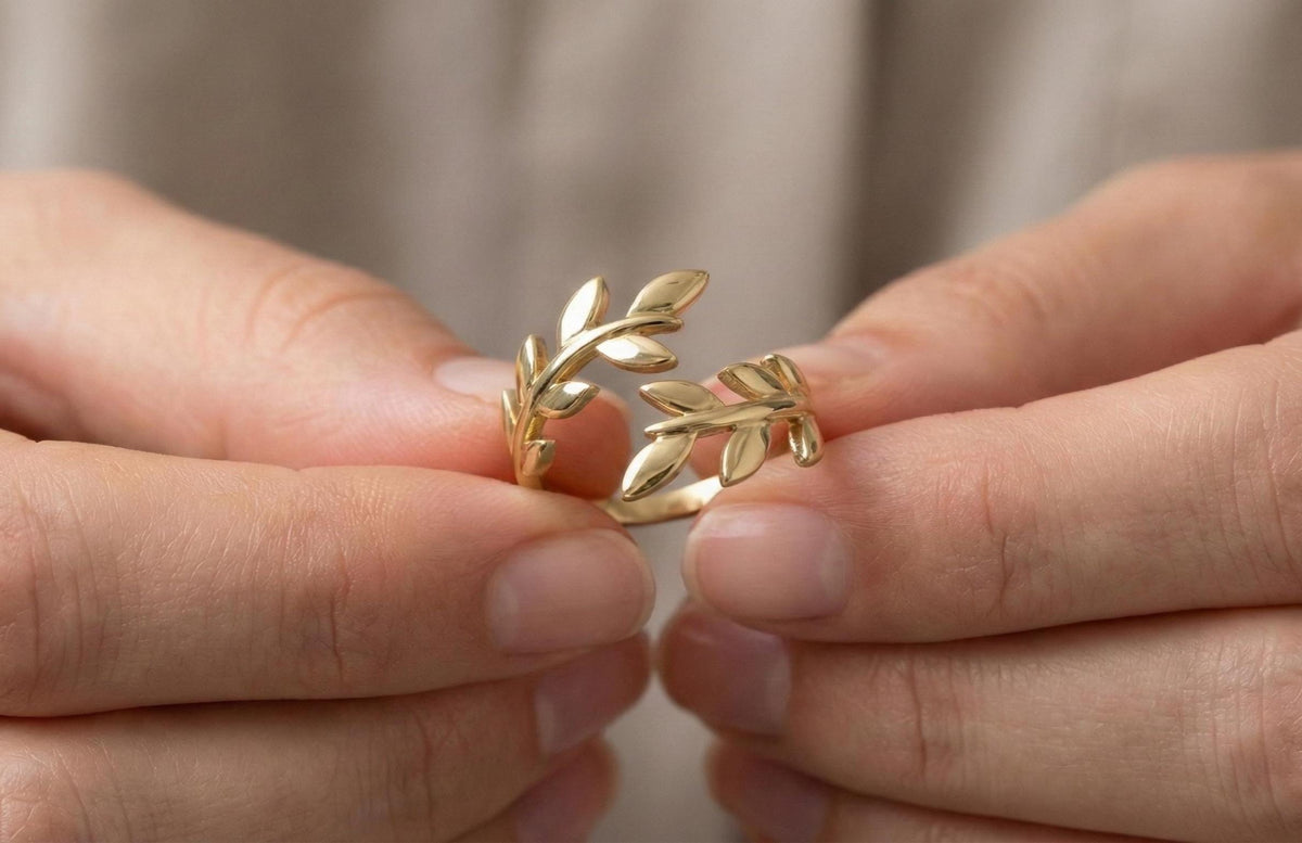 Dainty Silver Olive Leaf Ring, Adjustable Open Band