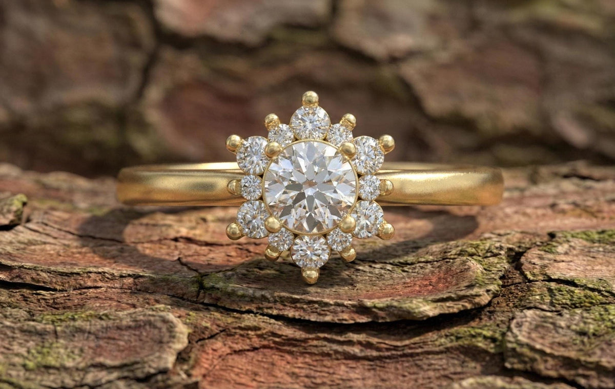 925 Sterling Silver Halo Engagement Ring, Gold Plated Floral Diamond Ring, Round Cut Promise Ring, Dainty Bridal Ring,  Gift for Women