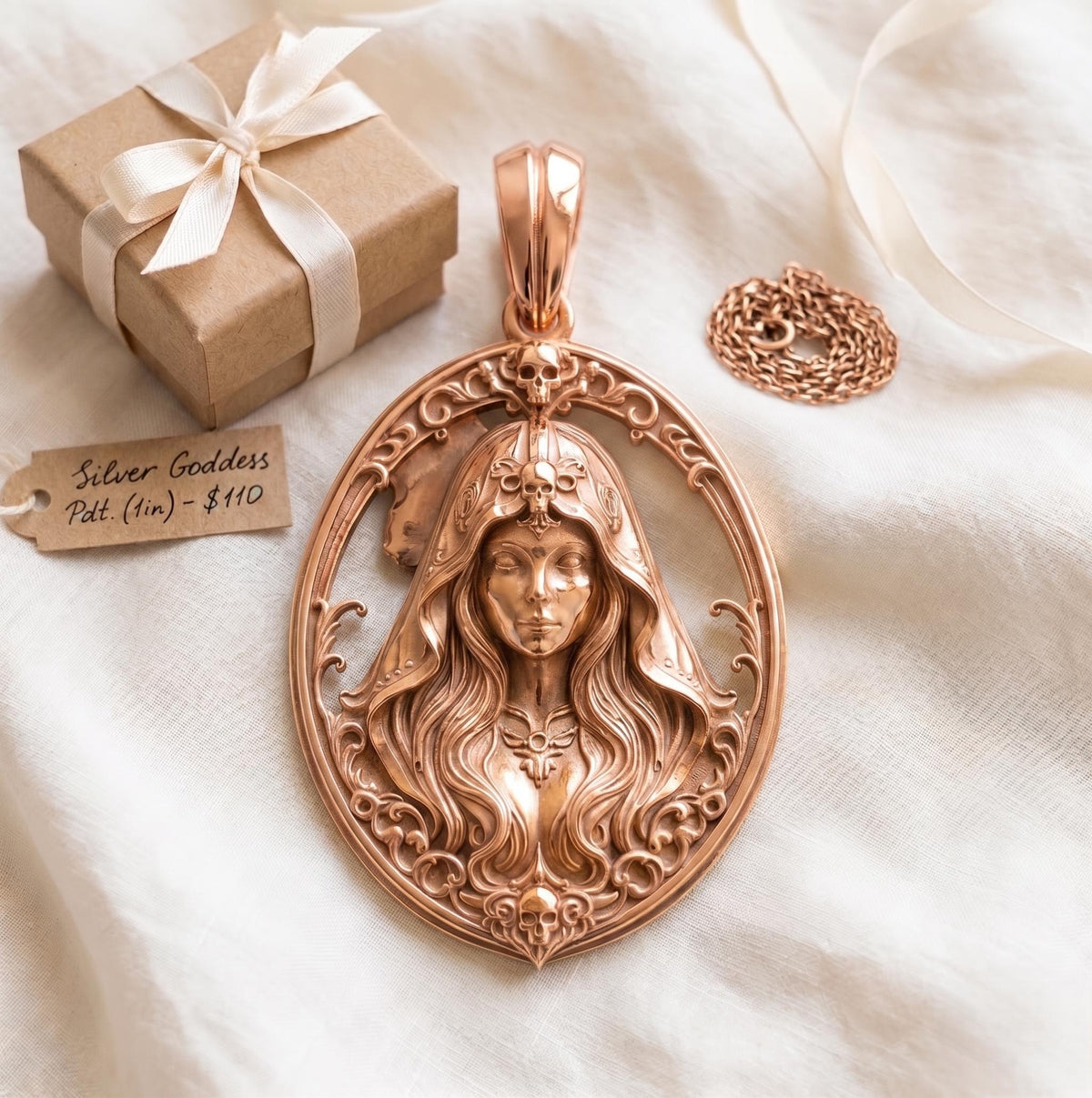 Gothic Goddess Skull Pendant, 925 Sterling Silver Witch Necklace, Victorian Goth Halloween Jewelry, Rose Gold Dark Academia Gift for Her