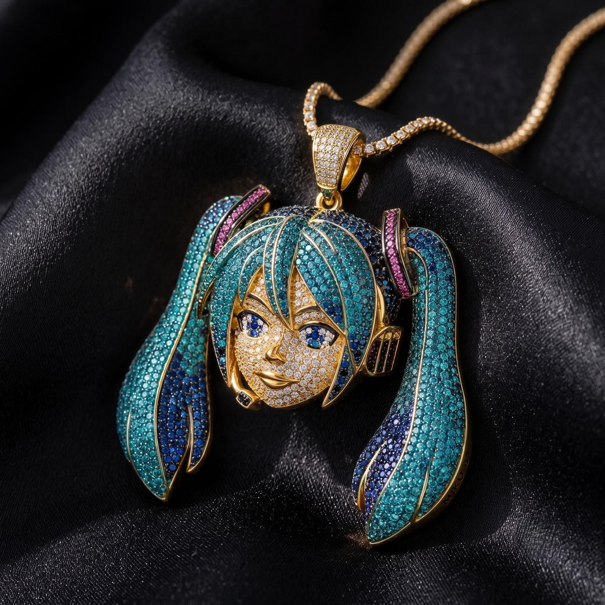 Iced Out Hatsune Miku Pendant , Inspired by north west | 925 Sterling Silver Anime Jewelry | Custom Hip Hop Anime | Gold Plated gift for her