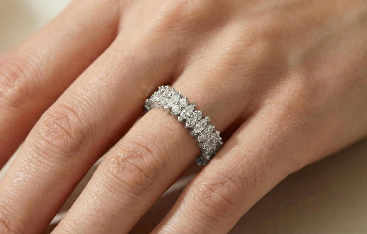 925 Sterling Silver Marquise & Round Cut Diamond Band Ring, Gold Vermeil Eternity Band, Stackable Wedding Ring, Anniversary Gift for Her,