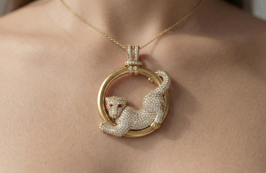 Sterling Silver Pave CZ Panther Necklace, Ruby Eye Leopard Pendant