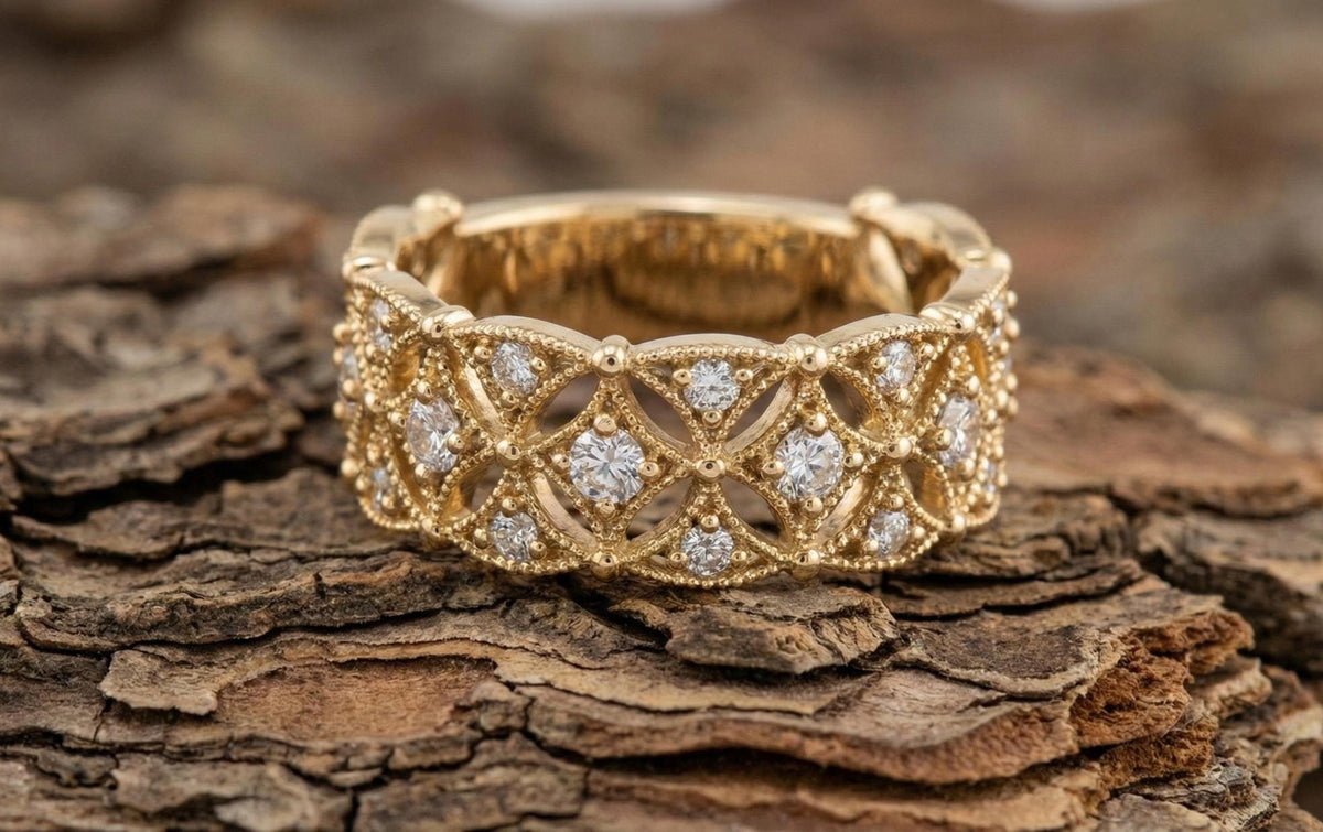 925 Sterling Silver Gold filigree Ring, Vintage Art Deco Wedding Band, Diamond Style Anniversary Ring, Handmade Statement Ring Gift for Her
