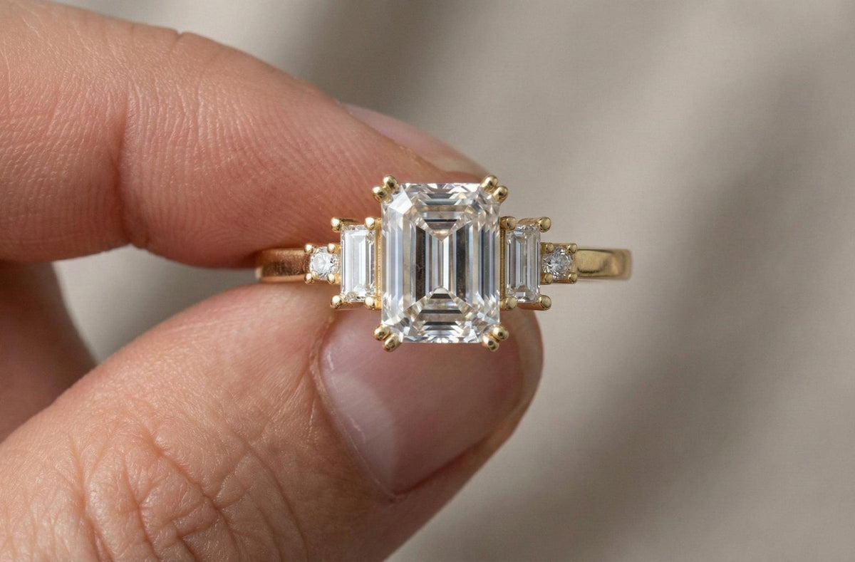 Emerald Cut Moissanite Ring, Sterling Silver Three Stone Engagement Ring