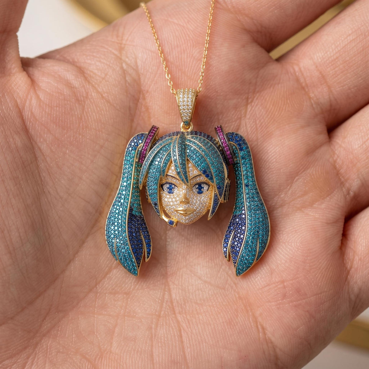 Iced Out Hatsune Miku Pendant , Inspired by north west | 925 Sterling Silver Anime Jewelry | Custom Hip Hop Anime | Gold Plated gift for her