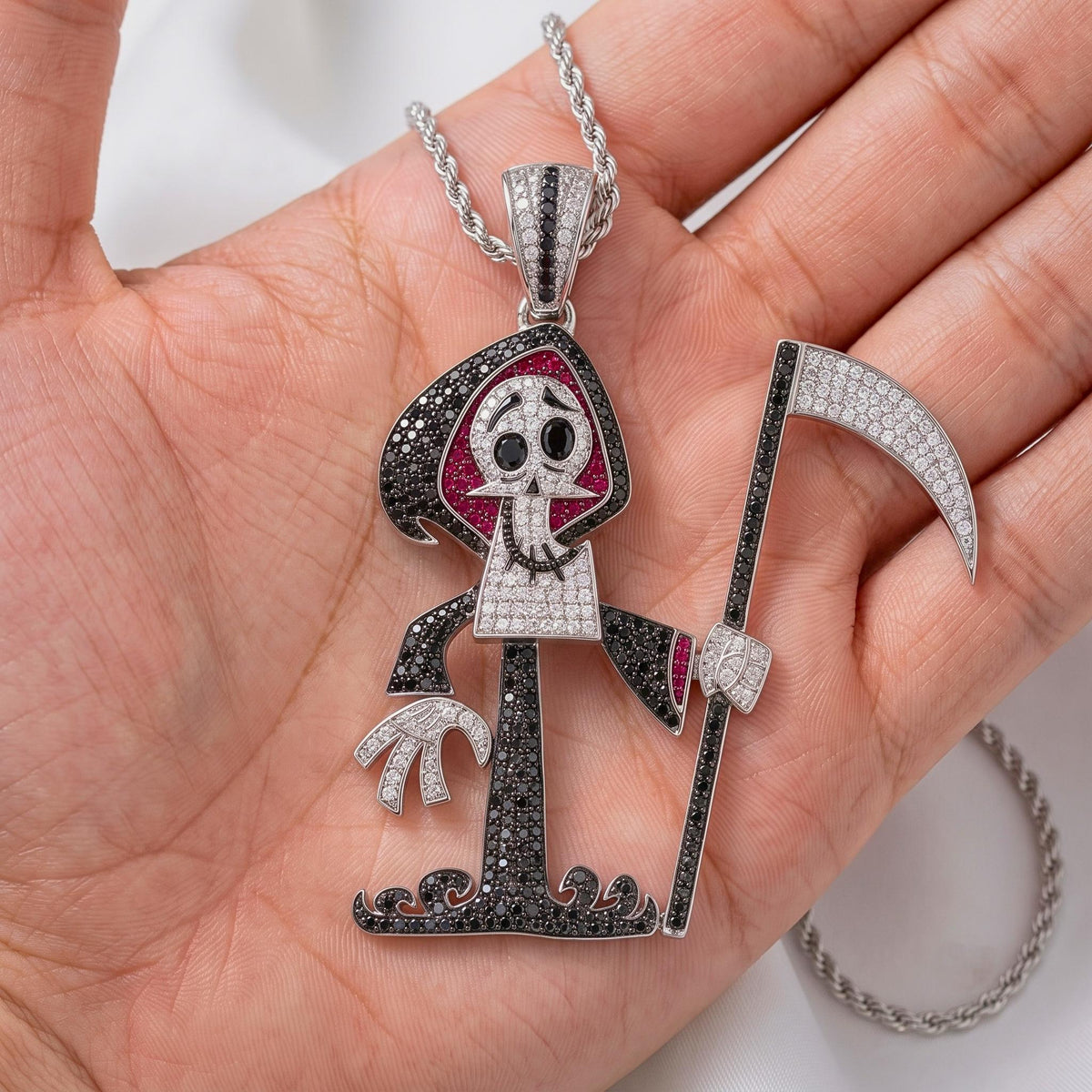 Rare Iced Out Grim Reaper Pendant, 925 Sterling Silver Cartoon Reaper Charm, Men's Hip Hop Jewelry, Gold Plated, Halloween Gift for her/him