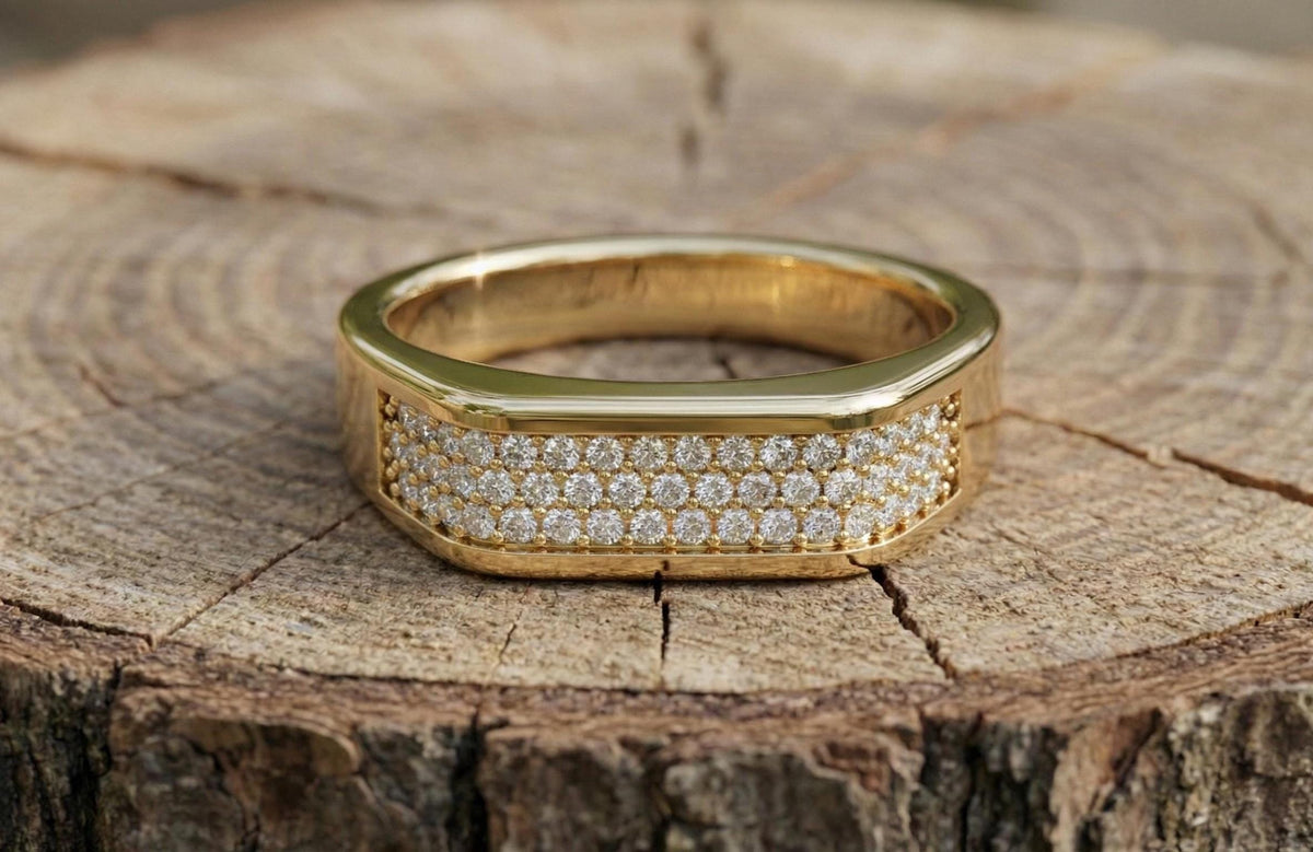 Gold Wedding Band 925 Sterling Silver, Diamond Pave Ring, Men's Wedding Ring, Minimalist Anniversary Band, Statement Ring Gift for Him Her